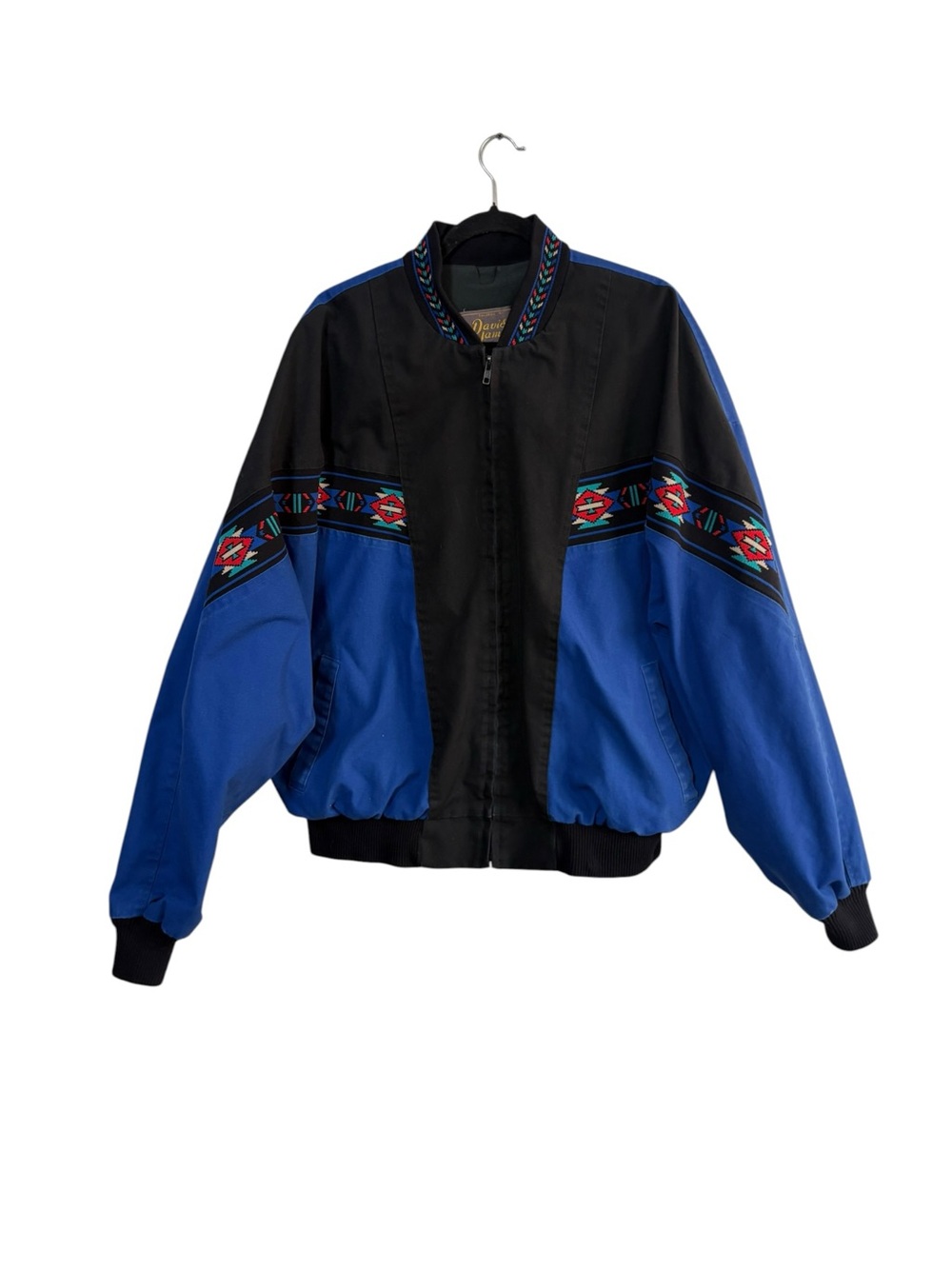 Davis James Size XL Blue Black Aztec Southwestern Full Zip Canvas Bomber Jacket